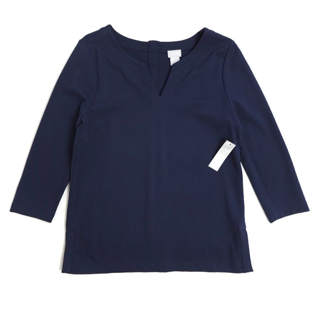 CHICOS Ponte Snap Back 3/4 Sleeve Top Career Blouse Classic Navy Minimal Small